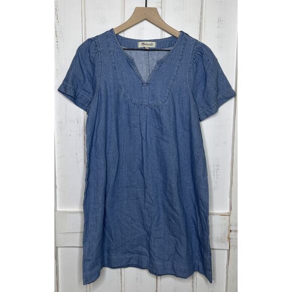 Madewell Denim Popover Babydoll Cotton Linen Blue Jean Mini Dress Shift Girly S - Picture 1 of 7